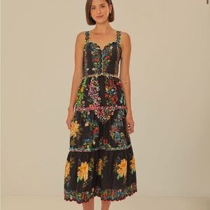 Black Delicate Forest Scarves Organic Cotton Maxi Dress FarmRio